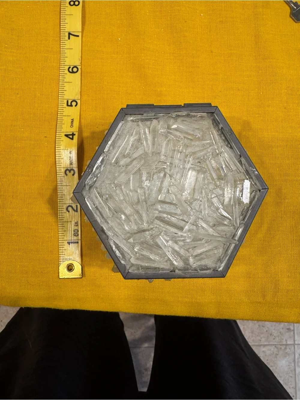 Vintage Hexagonal Raw Clear Quartz Crystal Mirror Trinket Box